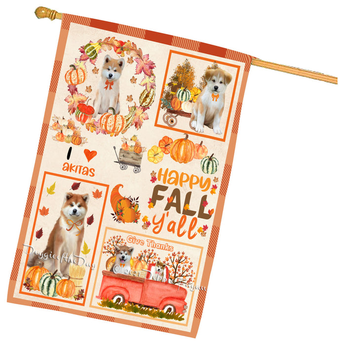 Happy Fall Y'all Pumpkin Akita Dogs House Flag Outdoor Decorative Double Sided Pet Portrait Weather Resistant Premium Quality Animal Printed Home Decorative Flags 100% Polyester