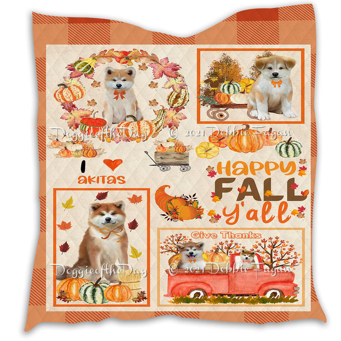 Happy Fall Y'all Pumpkin Akita Dogs Quilt Bed Coverlet Bedspread - Pets Comforter Unique One-side Animal Printing - Soft Lightweight Durable Washable Polyester Quilt