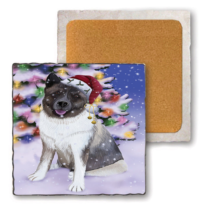 Winterland Wonderland Akita Dog In Christmas Holiday Scenic Background Set of 4 Natural Stone Marble Tile Coasters MCST50675