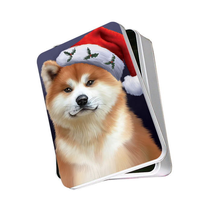 Christmas Holidays Akita Dog Wearing Santa Hat Portrait Head Photo Storage Tin PITN53487
