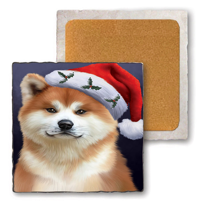 Christmas Holidays Akita Dog Wearing Santa Hat Portrait Head Set of 4 Natural Stone Marble Tile Coasters MCST48487