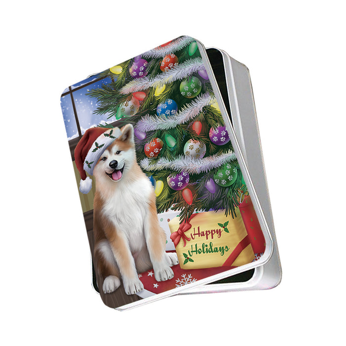 Christmas Happy Holidays Akita Dog with Tree and Presents Photo Storage Tin PITN53433