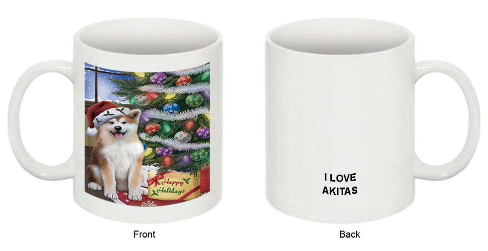 Christmas Happy Holidays Akita Dog with Tree and Presents Coffee Mug MUG48831