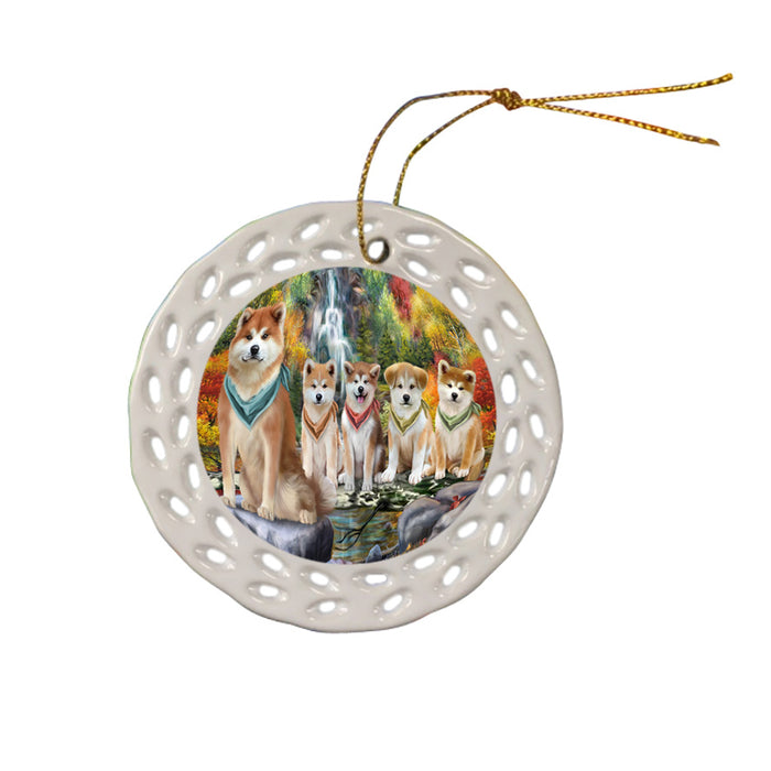 Scenic Waterfall Akita Dogs Ceramic Doily Ornament DPOR49658