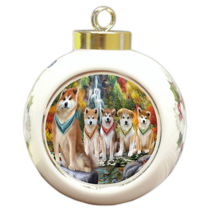 Scenic Waterfall Akita Dogs Round Ball Christmas Ornament RBPOR49658