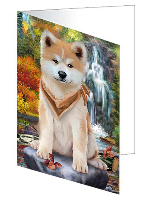Scenic Waterfall Akita Dog Handmade Artwork Assorted Pets Greeting Cards and Note Cards with Envelopes for All Occasions and Holiday Seasons GCD53006