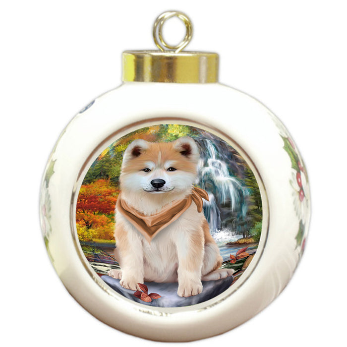 Scenic Waterfall Akita Dog Round Ball Christmas Ornament RBPOR49659