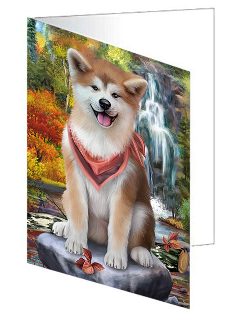 Scenic Waterfall Akita Dog Handmade Artwork Assorted Pets Greeting Cards and Note Cards with Envelopes for All Occasions and Holiday Seasons GCD53009