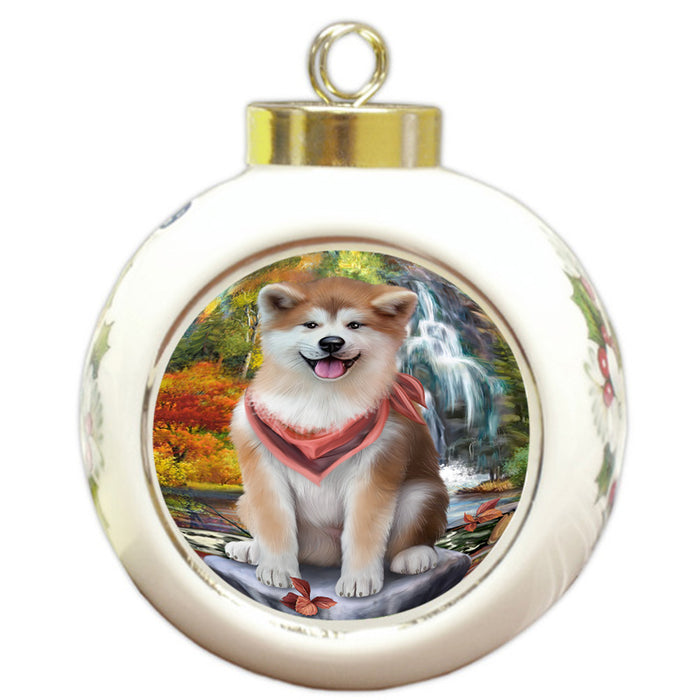 Scenic Waterfall Akita Dog Round Ball Christmas Ornament RBPOR49660