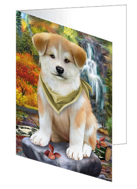 Scenic Waterfall Akita Dog Handmade Artwork Assorted Pets Greeting Cards and Note Cards with Envelopes for All Occasions and Holiday Seasons GCD53012