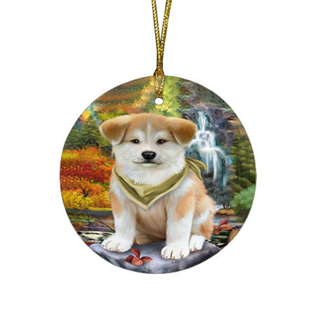 Scenic Waterfall Akita Dog Round Flat Christmas Ornament RFPOR49652