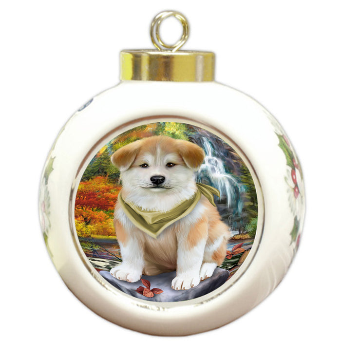 Scenic Waterfall Akita Dog Round Ball Christmas Ornament RBPOR49661