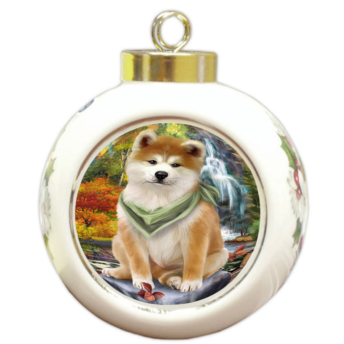Scenic Waterfall Akita Dog Round Ball Christmas Ornament RBPOR49662