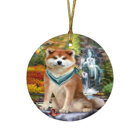 Scenic Waterfall Akita Dog Round Flat Christmas Ornament RFPOR49654