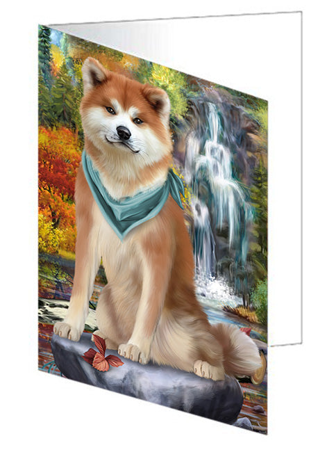 Scenic Waterfall Akita Dog Handmade Artwork Assorted Pets Greeting Cards and Note Cards with Envelopes for All Occasions and Holiday Seasons GCD53018