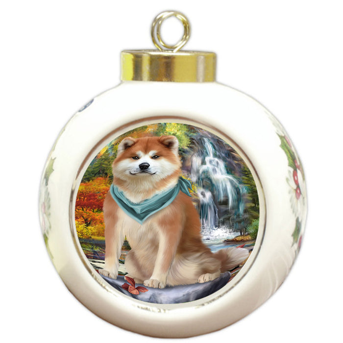 Scenic Waterfall Akita Dog Round Ball Christmas Ornament RBPOR49663