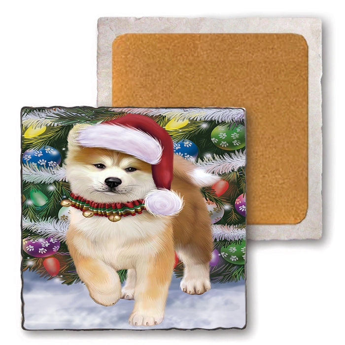 Trotting in the Snow Akita Dog Set of 4 Natural Stone Marble Tile Coasters MCST49552