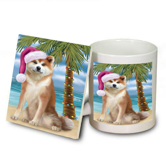 Summertime Happy Holidays Christmas Akita Dog on Tropical Island Beach Mug and Coaster Set MUC54388