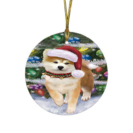 Trotting in the Snow Akita Dog Round Flat Christmas Ornament RFPOR54671