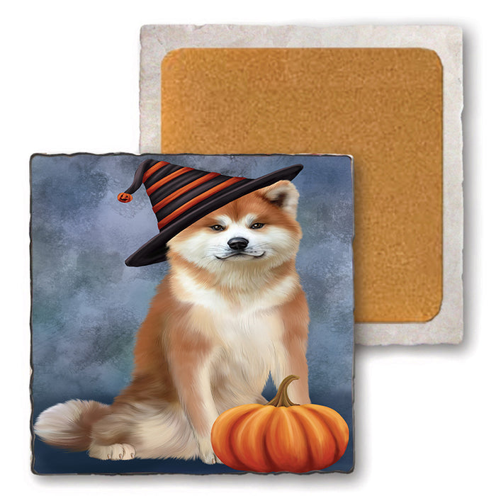 Happy Halloween Akita Dog Wearing Witch Hat with Pumpkin Set of 4 Natural Stone Marble Tile Coasters MCST49708