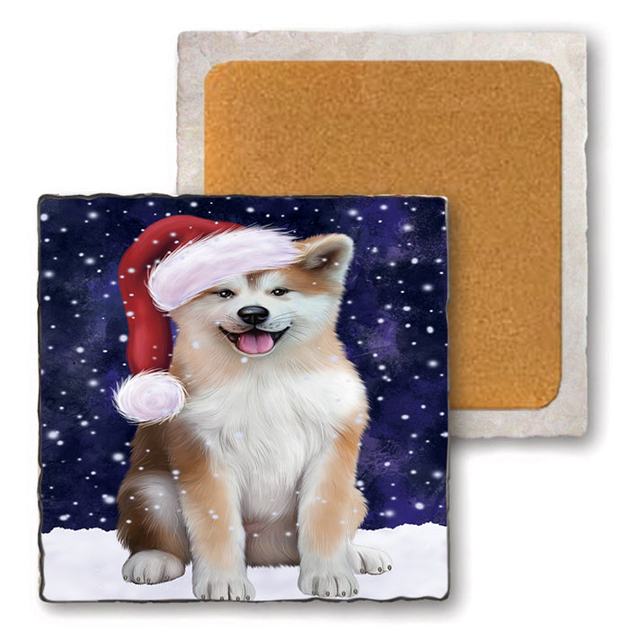 Let it Snow Christmas Holiday Akita Dog Wearing Santa Hat Set of 4 Natural Stone Marble Tile Coasters MCST49268