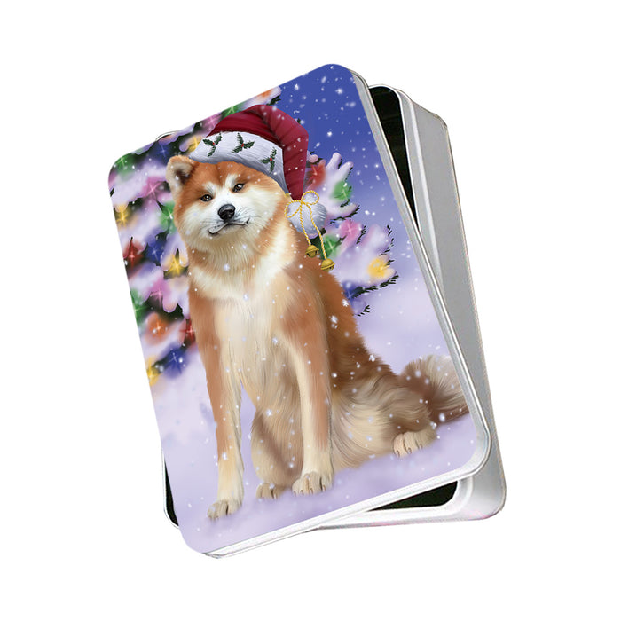 Winterland Wonderland Akita Dog In Christmas Holiday Scenic Background Photo Storage Tin PITN53665