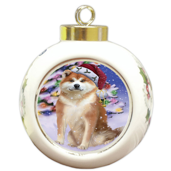 Winterland Wonderland Akita Dog In Christmas Holiday Scenic Background Round Ball Christmas Ornament RBPOR53722