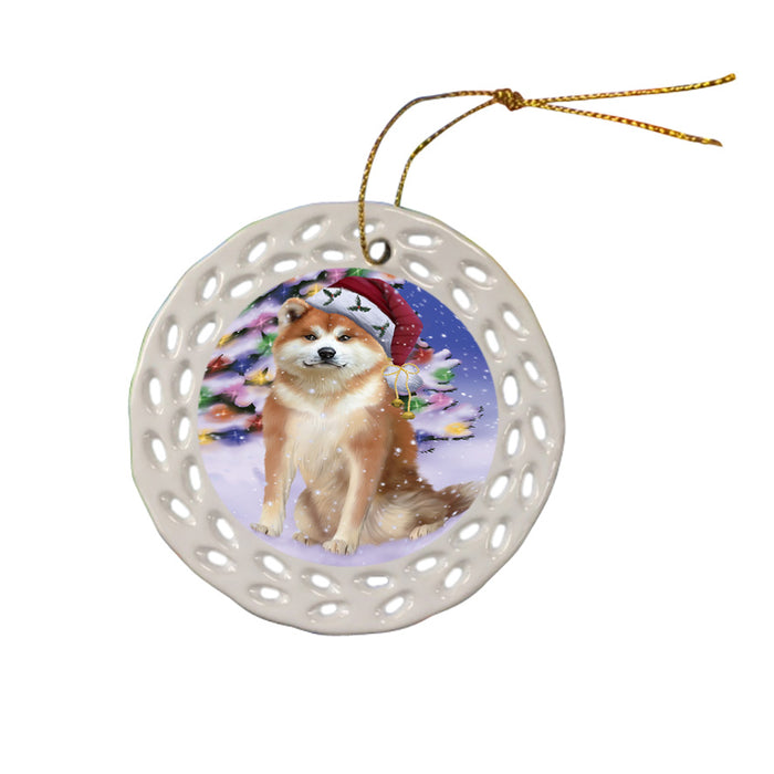 Winterland Wonderland Akita Dog In Christmas Holiday Scenic Background Ceramic Doily Ornament DPOR53722