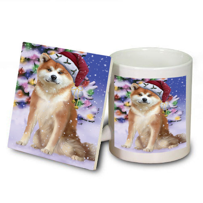 Winterland Wonderland Akita Dog In Christmas Holiday Scenic Background Mug and Coaster Set MUC53714