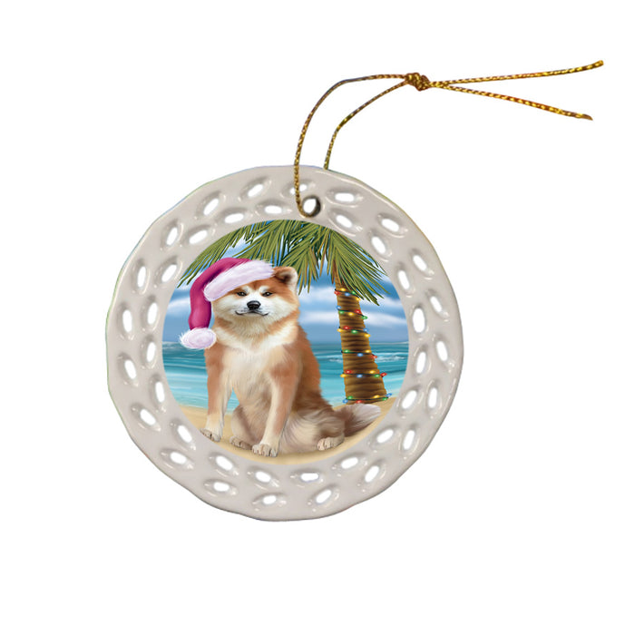 Summertime Happy Holidays Christmas Akita Dog on Tropical Island Beach Ceramic Doily Ornament DPOR54524