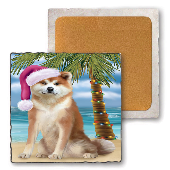 Summertime Happy Holidays Christmas Akita Dog on Tropical Island Beach Set of 4 Natural Stone Marble Tile Coasters MCST49396