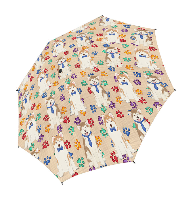 Rainbow Paw Print Akita Dogs Blue Semi-Automatic Foldable Umbrella