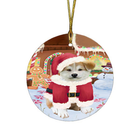 Christmas Gingerbread House Candyfest Akita Dog Round Flat Christmas Ornament RFPOR56481