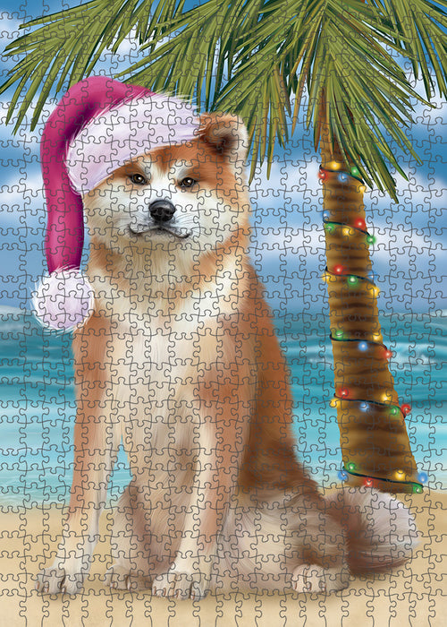 Summertime Happy Holidays Christmas Akita Dog on Tropical Island Beach Puzzle with Photo Tin PUZL85300