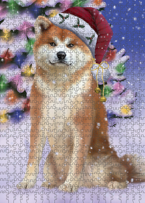 Winterland Wonderland Akita Dog In Christmas Holiday Scenic Background Puzzle with Photo Tin PUZL82044