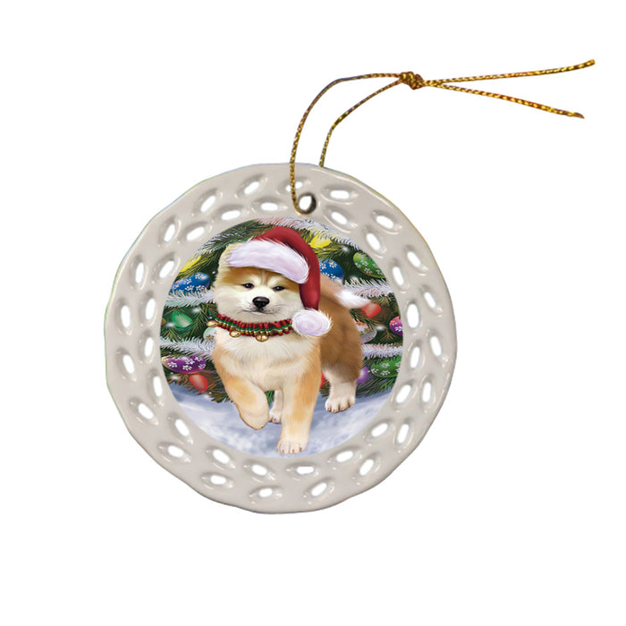Trotting in the Snow Akita Dog Ceramic Doily Ornament DPOR54680