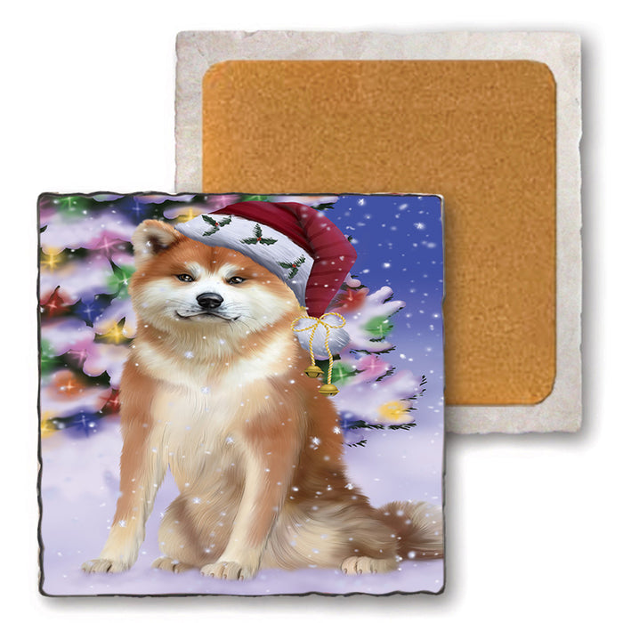 Winterland Wonderland Akita Dog In Christmas Holiday Scenic Background Set of 4 Natural Stone Marble Tile Coasters MCST48722