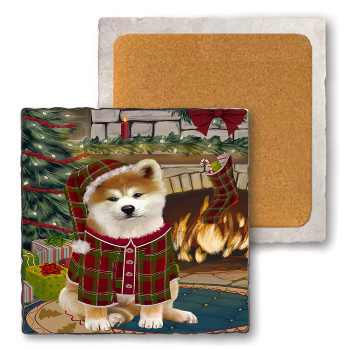 The Stocking was Hung Akita Dog Set of 4 Natural Stone Marble Tile Coasters MCST50152
