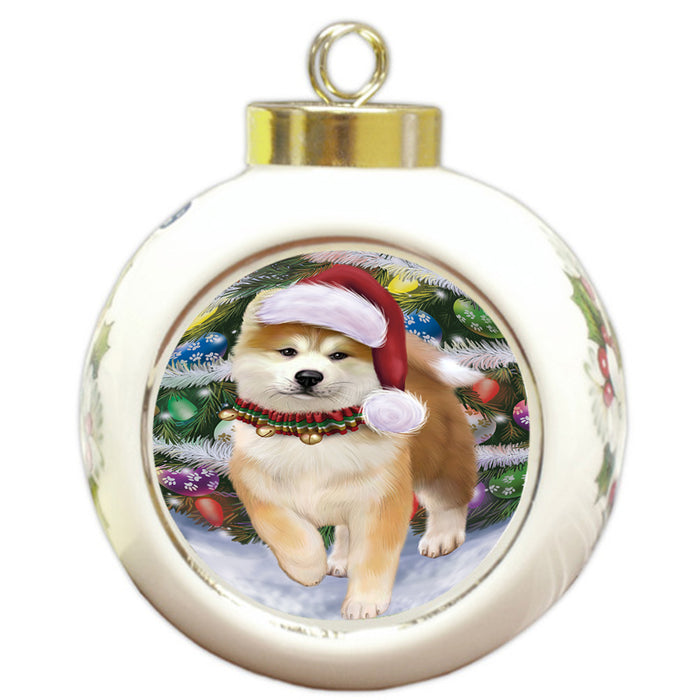 Trotting in the Snow Akita Dog Round Ball Christmas Ornament RBPOR54680