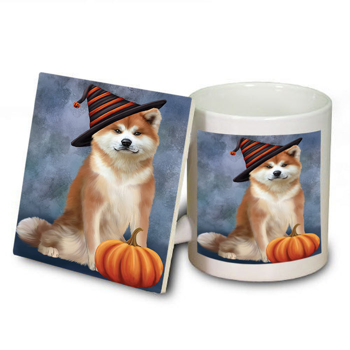 Happy Halloween Akita Dog Wearing Witch Hat with Pumpkin Mug and Coaster Set MUC54700