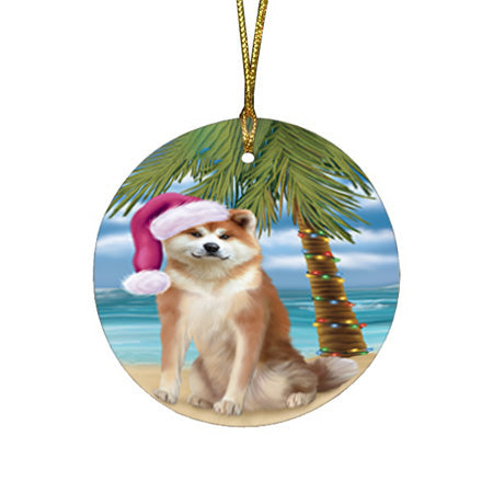Summertime Happy Holidays Christmas Akita Dog on Tropical Island Beach Round Flat Christmas Ornament RFPOR54515
