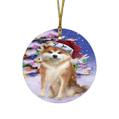 Winterland Wonderland Akita Dog In Christmas Holiday Scenic Background Round Flat Christmas Ornament RFPOR53713