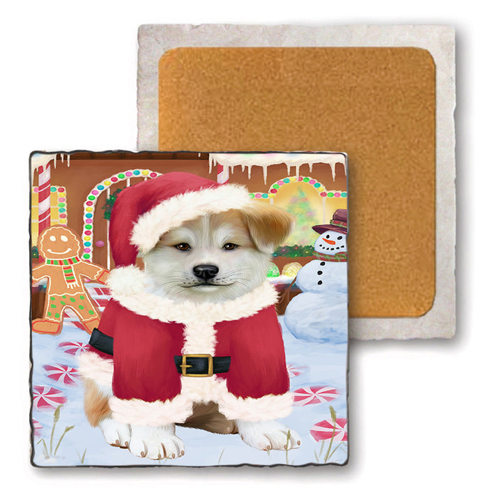 Christmas Gingerbread House Candyfest Akita Dog Set of 4 Natural Stone Marble Tile Coasters MCST51125