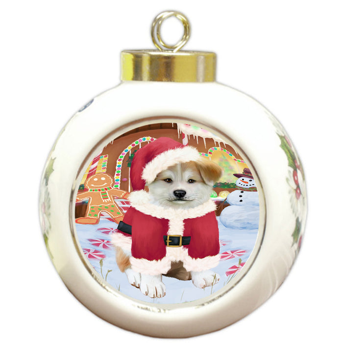 Christmas Gingerbread House Candyfest Akita Dog Round Ball Christmas Ornament RBPOR56481
