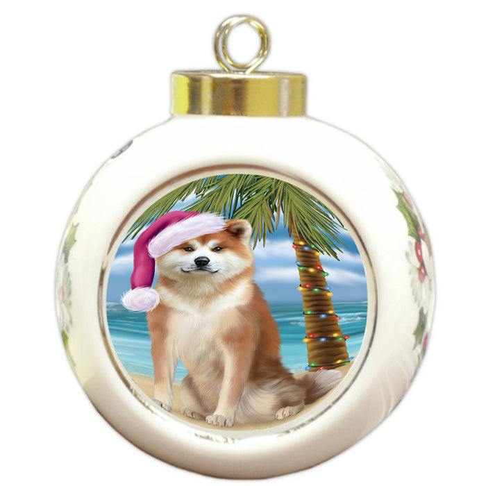 Summertime Happy Holidays Christmas Akita Dog on Tropical Island Beach Round Ball Christmas Ornament RBPOR54524
