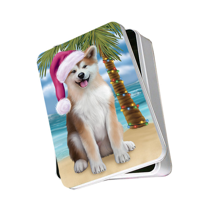 Summertime Happy Holidays Christmas Akita Dog on Tropical Island Beach Photo Storage Tin PITN54340