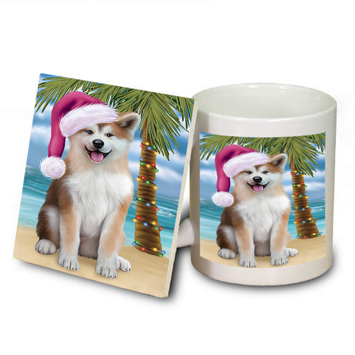Summertime Happy Holidays Christmas Akita Dog on Tropical Island Beach Mug and Coaster Set MUC54389