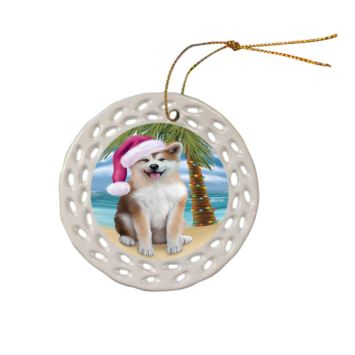 Summertime Happy Holidays Christmas Akita Dog on Tropical Island Beach Ceramic Doily Ornament DPOR54525