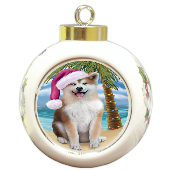 Summertime Happy Holidays Christmas Akita Dog on Tropical Island Beach Round Ball Christmas Ornament RBPOR54525