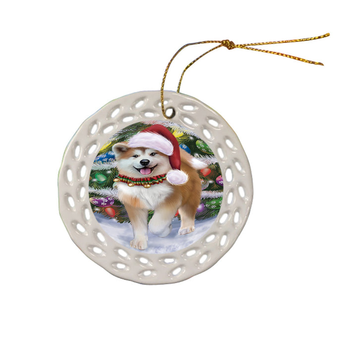 Trotting in the Snow Akita Dog Ceramic Doily Ornament DPOR54681